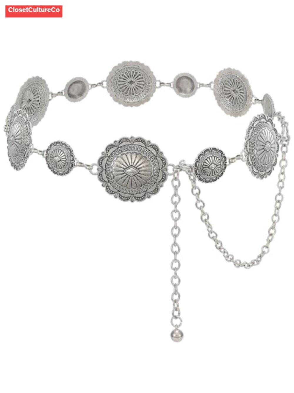 Western Concho Chain Belt Adjustable Metal Waist Belt for Dresses Jeans